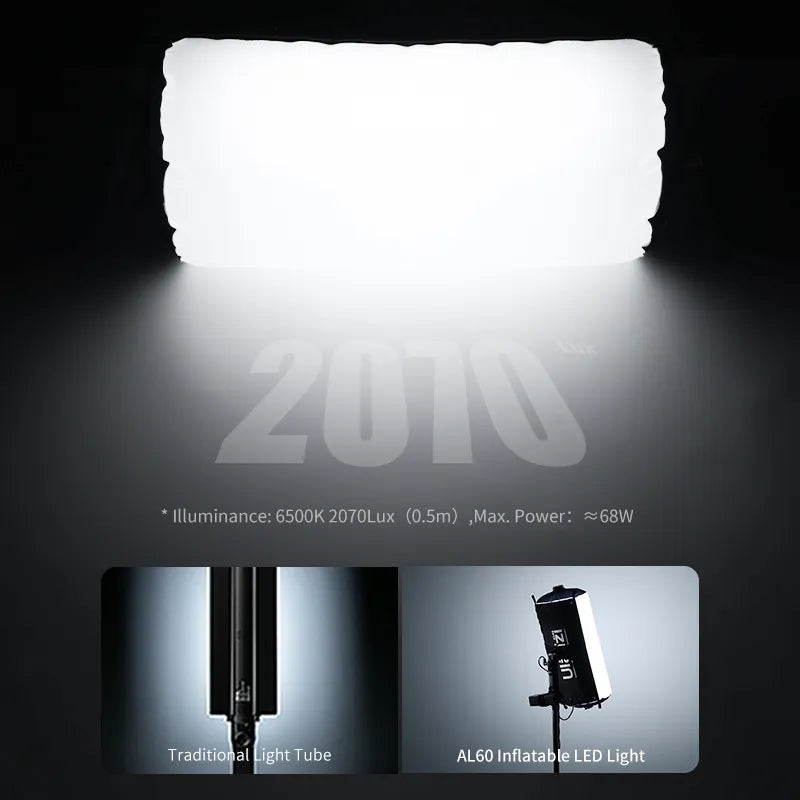 Ulanzi AL60 LED Air Tube Light, 6500K 2070Lux, compared to traditional light.